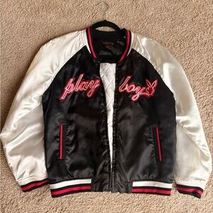PLAYBOY Black and White Satin Bomber Jacket with Red Trim
